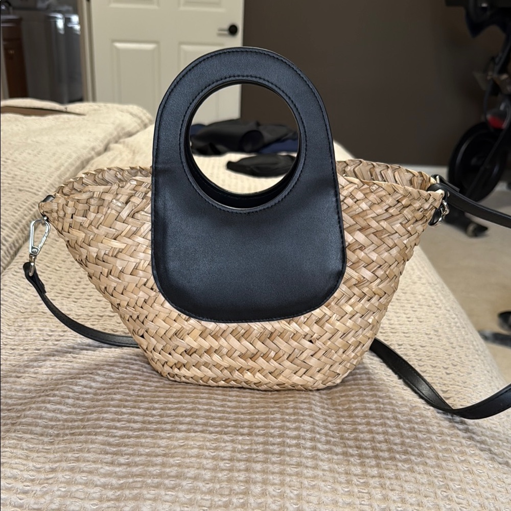 Mango Black and Tan Crossbody Bag with Unique Handle and Woven Design